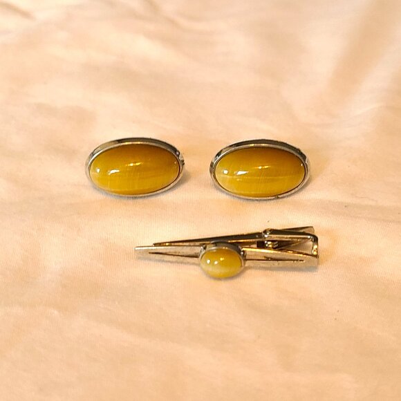 Vintage P.m.P. Cufflinks Tie Tack Clip Polished Stone Men's Accessories Set - Picture 4 of 9